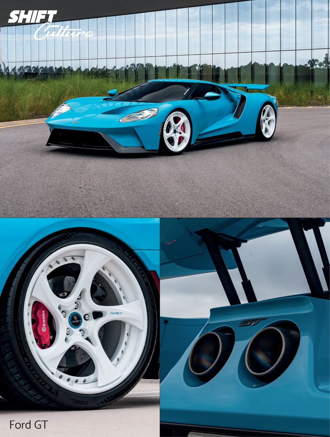 Blue Ford GT sports car with close-up details on a road.