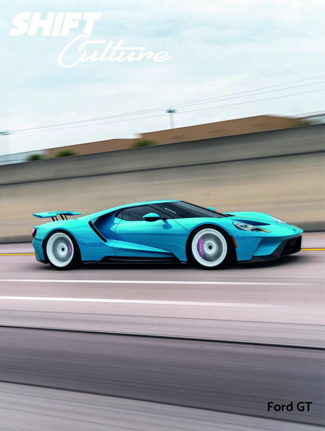 Blue Ford GT sports car on a blurred road background with 'SHIFT Culture' branding.