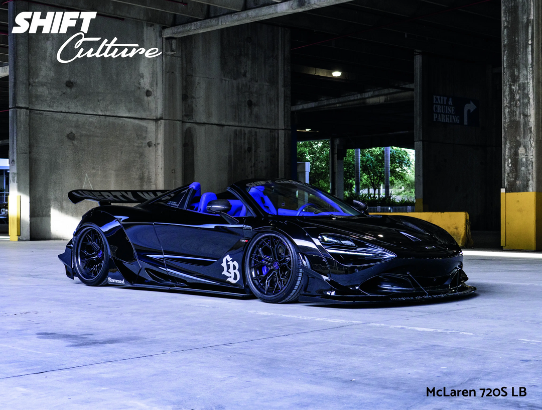 Black McLaren 720S car parked on a concrete surface with 'Shift Culture' branding.