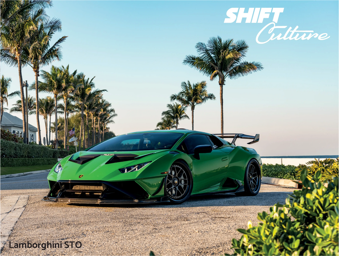 Shift Culture's green STO parked on a street with palm trees in the background