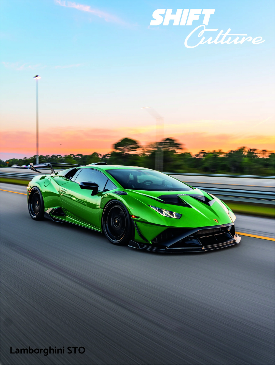 Shift Culture's Green Lamborghini STO on a racetrack with a sunset sky