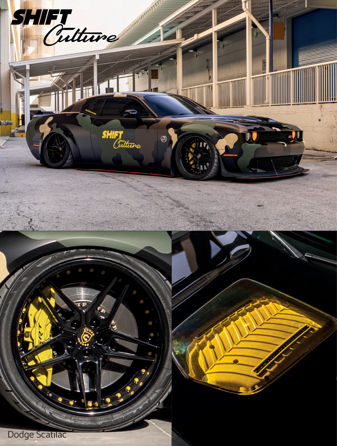 Camouflage-patterned Scatilac with 'Shift Culture' branding, close-up of wheel and car part.