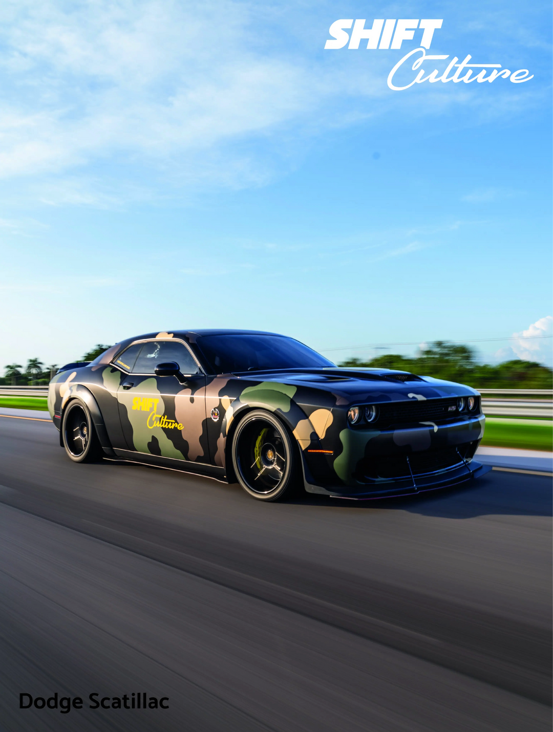 Camouflage-patterned Dodge Scatpack on a road with 'Shift Culture' branding.