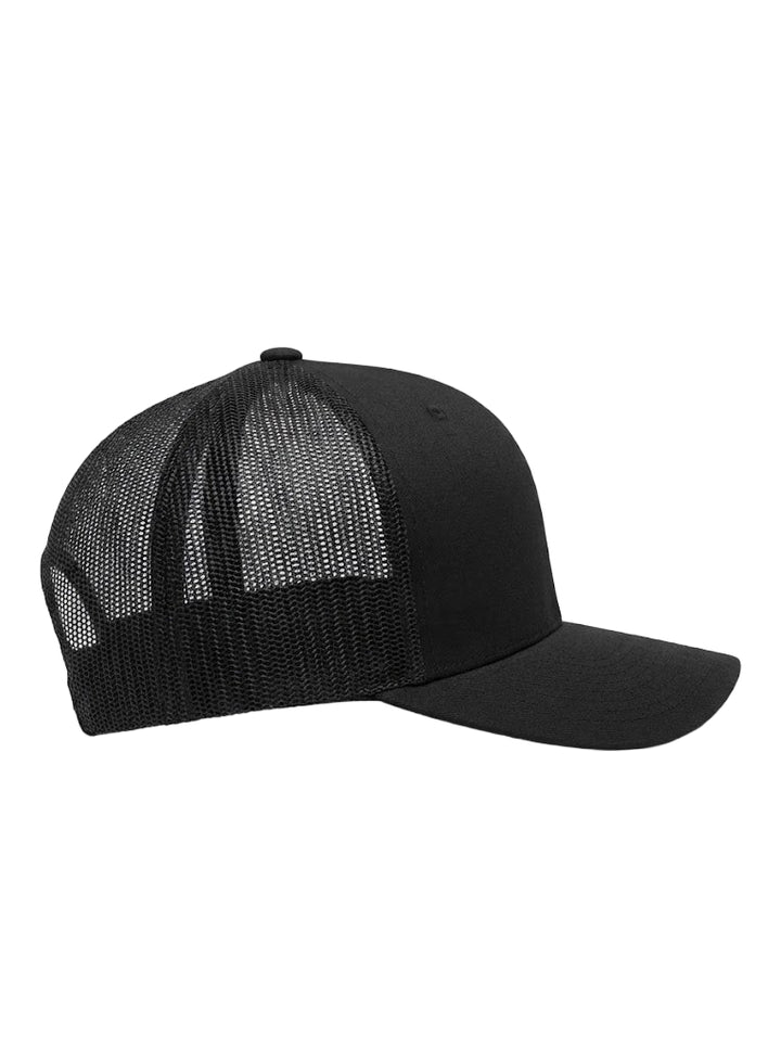 Side view of blank all-black Shift Culture mesh back hat with structured front panel and black snapback closure