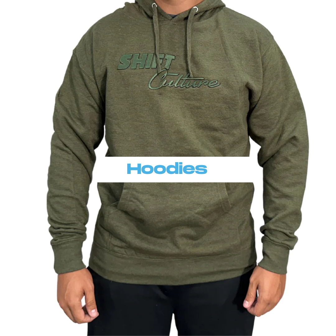 Person wearing Shift Culture olive green hoodie - apparel from the official giveaway collection