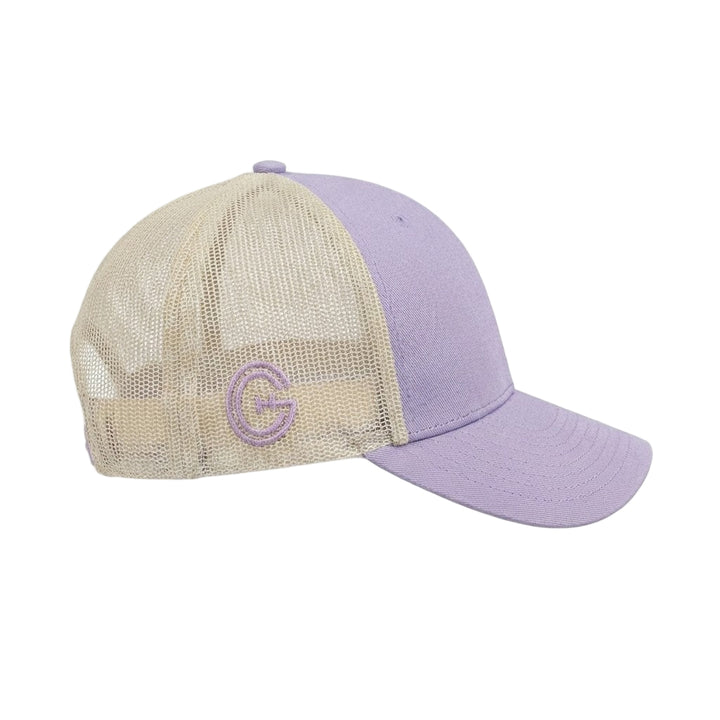Side view of Shift Culture lavender and cream mesh back hat with lavender SC gear logo and cream snapback closure