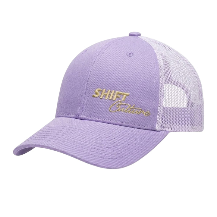 Shift Culture lavender and cream mesh back hat with gold embroidered front logo