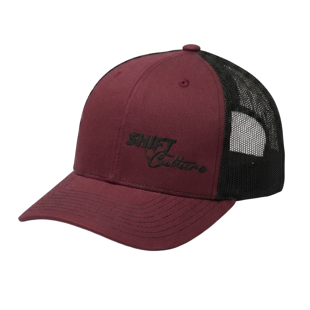 Shift Culture maroon and black mesh back hat with black embroidered logo on front panel