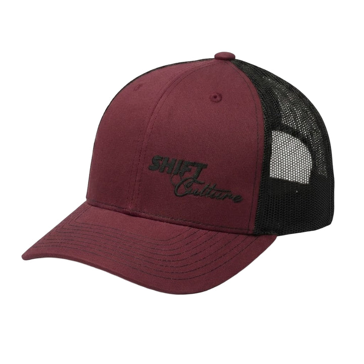 Shift Culture maroon and black mesh back hat with black embroidered logo on front panel