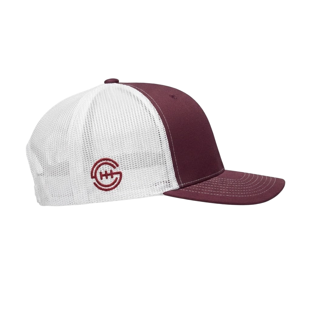 Side view of Shift Culture maroon and white mesh back hat with maroon SC gear logo embroidered on side panel