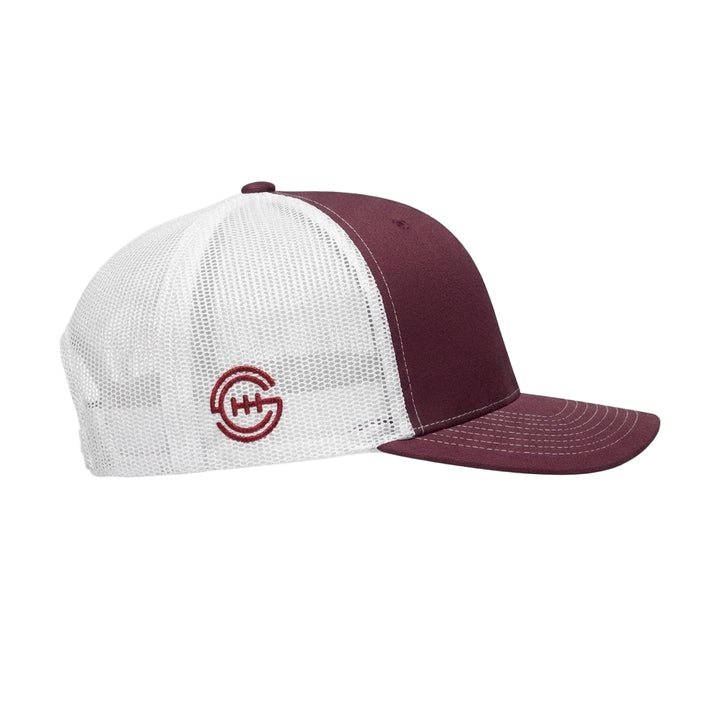 Side view of Shift Culture maroon and white mesh back hat with maroon SC gear logo embroidered on side panel