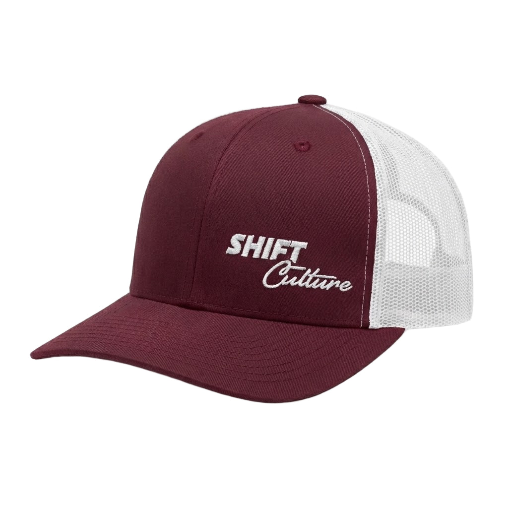 Shift Culture maroon and white mesh back hat with white embroidered front logo