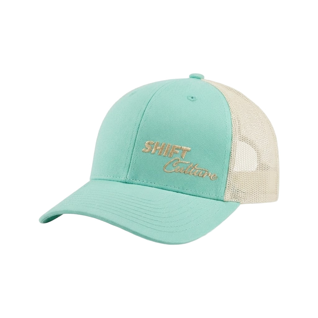 Shift Culture mint green and cream mesh back hat with gold embroidered front logo