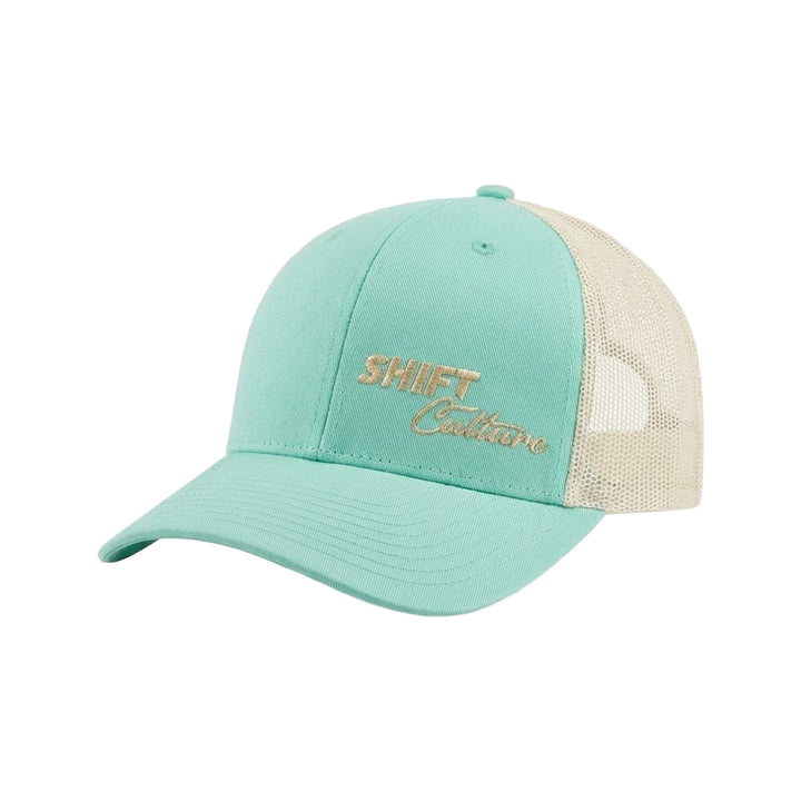 Shift Culture mint green and cream mesh back hat with gold embroidered front logo