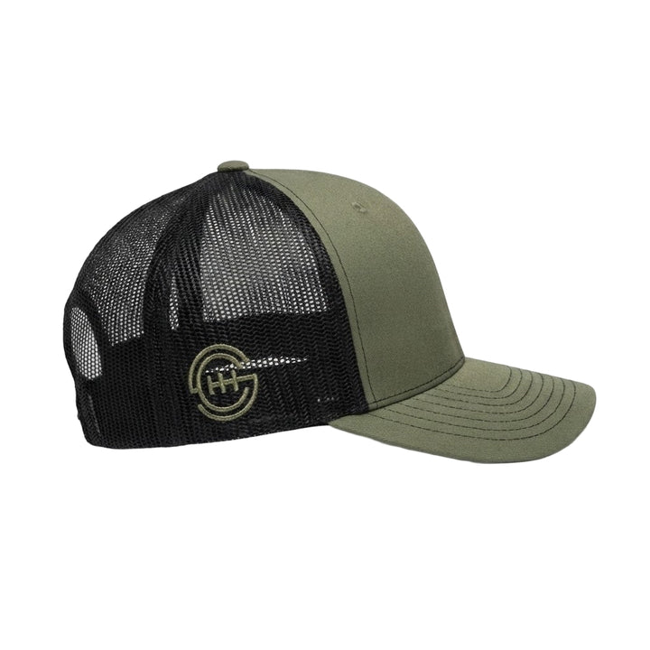 Side view of Shift Culture olive green and black mesh back hat with olive SC gear logo embroidered on side panel