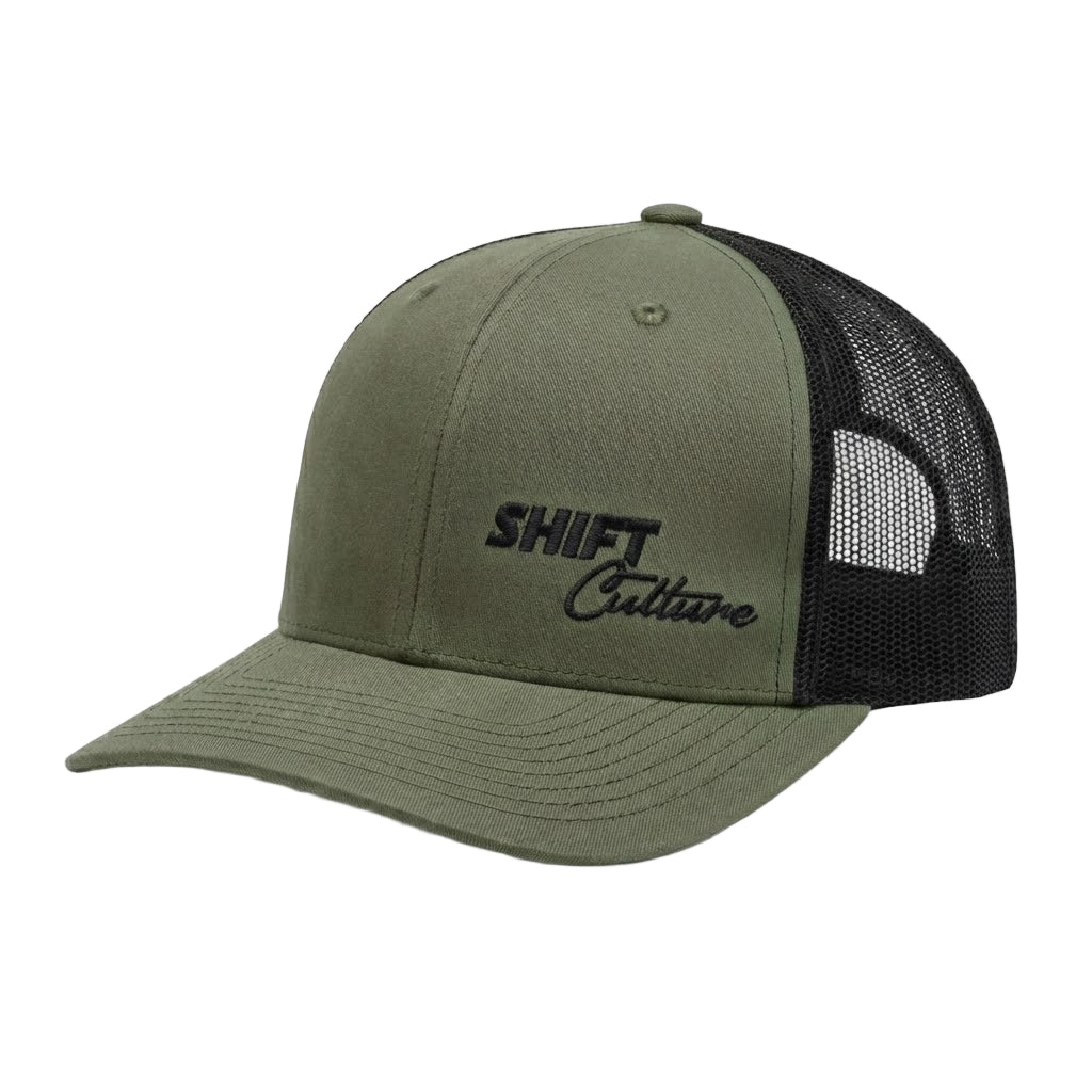 Shift Culture olive green and black mesh back hat with black embroidered front logo