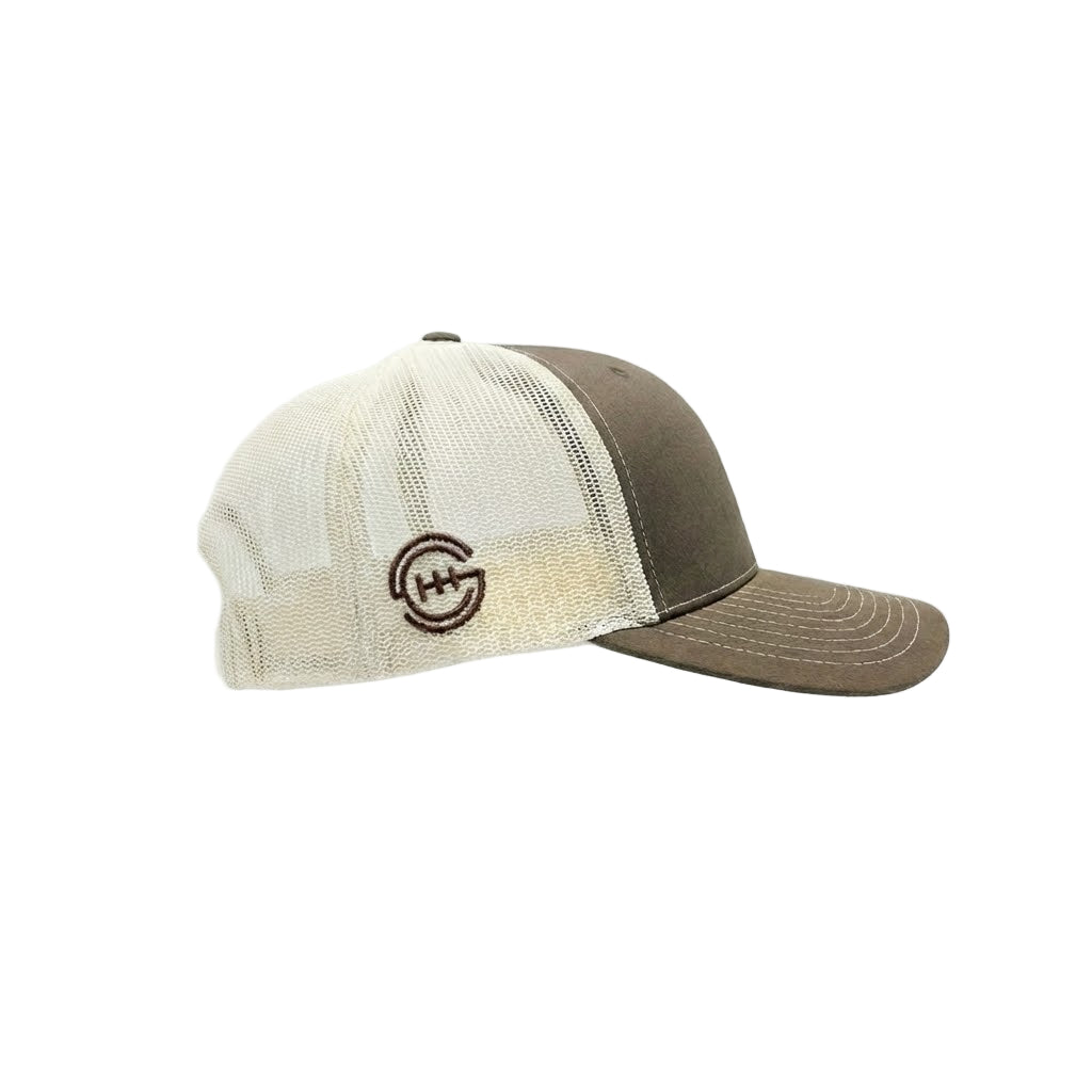 Side view of olive and tan Shift Culture mesh hat with embroidered gear logo on back panel