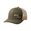 Olive green and tan mesh Shift Culture hat with cream embroidered front logo and curved brim