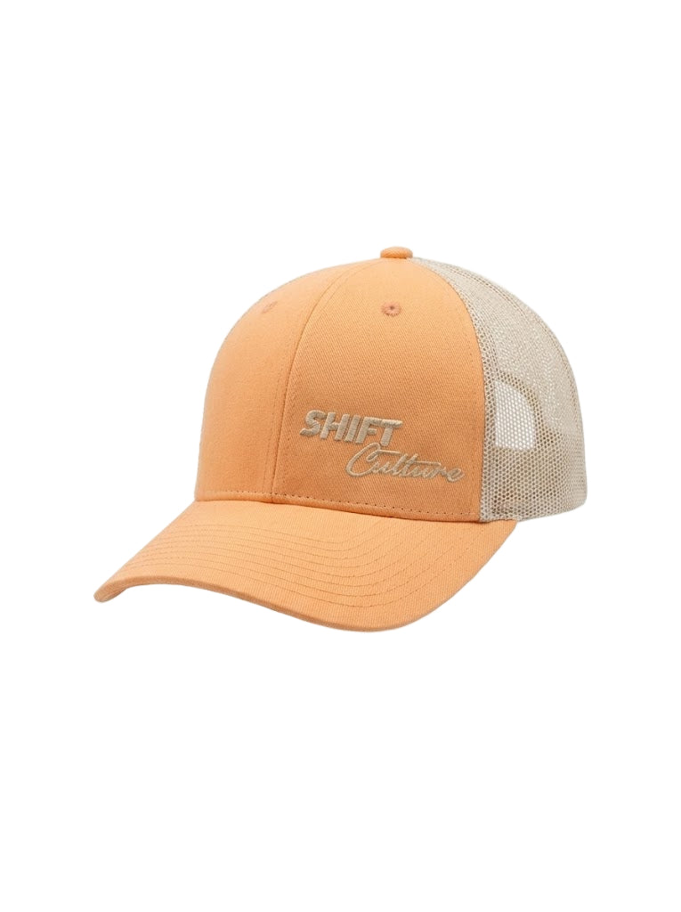 Shift Culture peach and cream mesh back hat with gold embroidered front logo