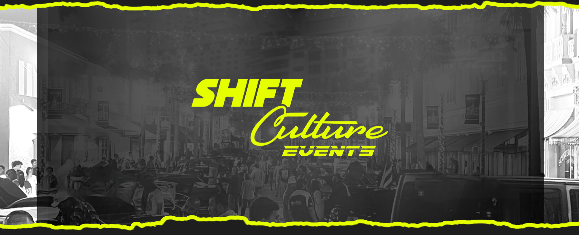 Shift Culture Events promotional banner for car shows in Jensen Beach, showcasing a dynamic crowd at a vibrant street event. The neon green Shift Culture logo stands out against the black-and-white urban backdrop, reflecting the community-driven, high-energy automotive experiences highlighted on the Shift Culture Events page.