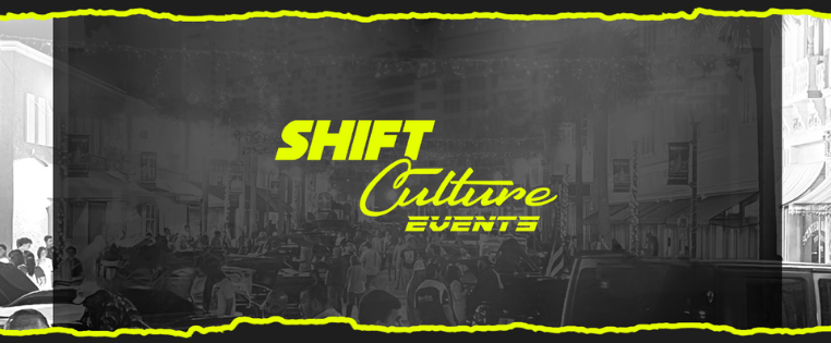 Shift Culture Events promotional banner for car shows in Jensen Beach, showcasing a dynamic crowd at a vibrant street event. The neon green Shift Culture logo stands out against the black-and-white urban backdrop, reflecting the community-driven, high-energy automotive experiences highlighted on the Shift Culture Events page.